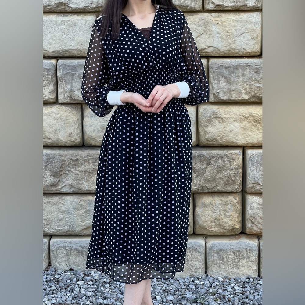 Zara Black and White Polka Dot Long Sleeve Dress